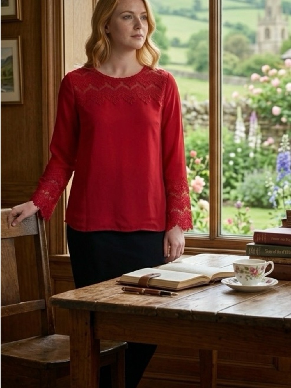 Women’s Red Lace Trim Long-Sleeve Top